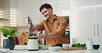 Smoothie, recipe and man in kitchen with blender, fruit and prepare drink for gut health. Series, male nutritionist or fresh ingredients in home for detox diet, protein shake or satisfied with flavor