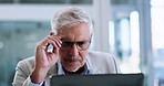 Laptop, smile and research with business man in office for investment report, reading and audit feedback. Account manager, growth and performance tracking with mature person in financial agency