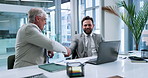 Business people, handshake and men in office, partnership and agreement with negotiation for budget report. Shaking hands, accounting or investors in workplace, thank you or cooperation with b2b deal