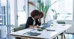 Stress, laptop and businesswoman in office with mistake, fail or decline on publishing report. Frustrated, fatigue and magazine editor with documents and computer for project with career burnout.