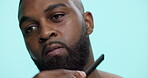 Studio, routine and man with beard, comb or tangle prevention with tool, serious or grooming in morning. Blue background, styling and black person with hygiene for shave, haircare or facial treatment