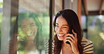 Home, woman and laughing with phone call for talking, gossip and communication with digital contact. House, window and mature person with mobile for conversation, funny story and joke with reflection