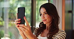 Mature, house and woman in selfie with confidence for social media post, online dating or profile picture. Smile, living room or female person in modern apartment for wellness, memory or photograph
