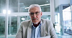 Face, business and man in office, video call and online meeting with conversation, feedback or stats. Mature person, investor or employee in workplace, virtual seminar or communication with documents