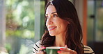 Happy, thinking and woman drinking coffee by window for peace, calm or relax on weekend break with view. Tea cup, morning beverage and person in home for thoughts, reflection or daydream with latte