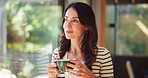 Smile, thinking and woman drinking coffee by window for peace, calm or walk on weekend break with view. Tea cup, morning beverage and person in home for thoughts, reflection or inspiration with latte