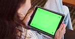 Above, woman and tablet with green screen at house for streaming online, funny video and entertainment. Person, laughing and mockup space with tracking markers, watching film and cinema subscription