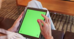 Woman, scroll and tablet with green screen at house for social media, browsing website and entertainment. Above, person and mockup space with tracking markers, reading ebook and online subscription