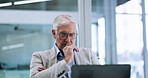 Laptop, thinking and reading with business man in office for investment report, reflection and audit feedback. Account manager, vision and performance tracking with mature person in financial agency