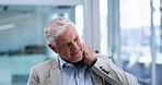 Senior businessman, neck pain and stress at office with burnout, exhausted and deadline at finance company. Person, accountant and injury with muscle strain, frustrated and tired at corporate agency