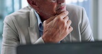 Laptop, thinking and hands of business man in office for investment report, reflection and audit feedback. Account manager, vision and performance tracking with mature person in financial agency
