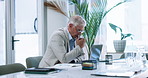 Laptop, thinking and research with business man in office for investment report, reflection and audit feedback. Account manager, vision and performance tracking with mature person in financial agency