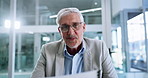 Face, business and man with video call, conversation and online meeting with tax report, feedback or stats. Mature person, investor or employee in office, virtual chat or communication with documents