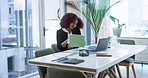Phone call, stress and business black woman on laptop for planning, online consulting and discussion. Corporate, overwhelmed and person on tablet busy for project deadline, contact and b2b chat