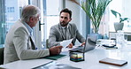 Office, research and men with laptop, discussion and review of stock market for investment opportunity. Business, boss and employee with tech for financial trends, meeting and people with documents