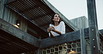 Balcony, vision and woman drinking coffee in home for peace, calm and enjoy latte outdoor with view. Tea cup, morning beverage and person at terrace for thoughts, thinking and daydream in low angle