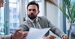 Meeting, discussion and men with documents, office and explaining legal contract, serious and employee. Business, HR and policy updates on paperwork, colleagues and people with laptop for records