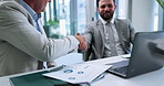 Business people, handshake and men in office, agreement and b2b deal with negotiation for budget report. Shaking hands, accounting or investors with laptop, thank you or cooperation with partnership