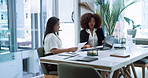 Meeting, documents and business women in office for consulting, financial advice and budget report. Discussion, corporate and advisor with client for company review, planning or finance investment