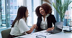 Handshake, office and business women with documents in meeting, consulting and discussion for financial advice. Professional, corporate and advisor with client for thank you, partnership or agreement