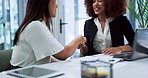 Documents, handshake and business women in meeting for consulting, finance advice and discussion. Professional, corporate and advisor with client shaking hands for partnership, agreement and b2b deal