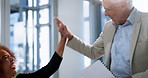 High five, team and celebration in meeting, smile and achievement for people in boardroom or colleagues. Office, collaboration and accomplishment for group with documents, gesture and win for project