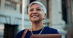 City, happy and thinking with lawyer woman outdoor as legal council for court case or trial. Documents, buildings and street with smile of mature attorney at law in urban town for representation