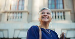 City, smile and vision with lawyer woman outdoor as legal council for court case or trial. Book, buildings and thinking with mature attorney at law in urban town for professional representation