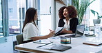 Meeting, documents and business women on laptop for consulting, financial advice and budget report. Office, corporate and advisor with client for company review, planning and finance investment