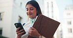 City, phone and walking with lawyer woman outdoor for commute to courthouse as legal council. Communication, folder and travel with happy attorney at law in urban town for text message update