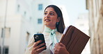 City, phone and thinking with lawyer woman outdoor for commute to courthouse as legal council. Communication, folder and walking with happy attorney at law in urban town for text message update