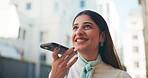 Happy woman, walking and city with phone speaker for communication, audio message or app. Female person, business discussion or employee talking with mobile smartphone for voice note in urban town