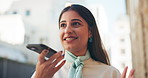 Happy woman, talking and city with phone speaker for communication, audio message or app. Female person, business discussion or employee recording with mobile smartphone for voice note in urban town