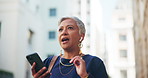Mature, business woman or phone call with earphones in city for communication, discussion or conversation. Female person, consultant or employee talking with mobile smartphone for negotiation or chat