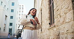 Happy, woman and dance with earphones in city for listening to music, streaming audio and travel success. Person, rhythm and moving with energy for playlist, morning commute and celebrate for journey