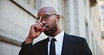 Walking, glasses and business black man in city for attorney, legal representative or professional. Corporate lawyer, solicitor or advisor with person outdoor for consultant and courtroom appointment