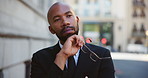 Thinking, idea and business black man in city for solution, planning and company future. Corporate, professional and person in town with glass for thoughtful, inspiration and reflection for career