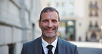 Smile, face and mature businessman in city with confidence for entrepreneurship with ambition. Happy, portrait and male financial executive from Australia with pride for company growth in town.