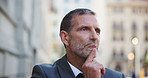 Thinking, city and business mature man for solution, planning and company future outdoor. Corporate manager, professional and person in town with thoughtful, inspiration and reflection for career