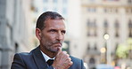 Thinking, idea and business man in city for solution, planning and company future outdoor. Corporate manager, professional and person in town with thoughtful, inspiration and reflection for career