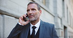 Phone call, walking and mature businessman in city with contact, negotiation or networking. Communication, professional and male financial banker on mobile discussion for investment contract in town.