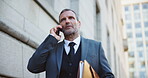 City, phone call and walking with lawyer man outdoor as legal council for court case or trial. Communication, folder and update with attorney at law downtown for commute to appointment as advocate