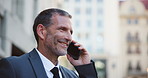 Phone call, contact and mature businessman in city with communication, negotiation or networking. Happy, professional and male financial banker on mobile discussion for investment contract in town.