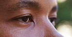Eyes, thinking and man with zoom for vision, ophthalmology or remember memory in profile. Face, closeup and person with thoughts, eyesight health or ponder with reflection of idea with contact lenses