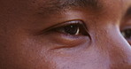 Eyes, thinking and man closeup with vision, ophthalmology or remember memory in profile. Face, zoom and person with thoughts, eyesight health and ponder with reflection of idea with contact lenses