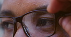 Eyes, thinking and man with glasses closeup for optometry, wellness and vision correction in profile. Face, zoom and person remove spectacles for eyesight health, eyecare and reflection of idea