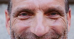Vision, face and eyes of senior man for optical assessment, glaucoma exam and retina scan for eyesight. Closeup, optometry and person with focus for medical service, prescription lens and healthcare