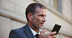 Phone call, mature and business man in city for attorney, legal representative or communication. Corporate lawyer, solicitor or contact with person outdoor for advocate and courtroom advisor