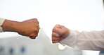 City, fist bump and hands of business people in agreement for deal or partnership outdoor. Collaboration, success and teamwork with employees closeup in urban town for b2b meeting or support