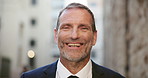 Happy, face and mature businessman in city with confidence for entrepreneurship with ambition. Smile, portrait and male financial executive from Australia with pride for company growth in town.
